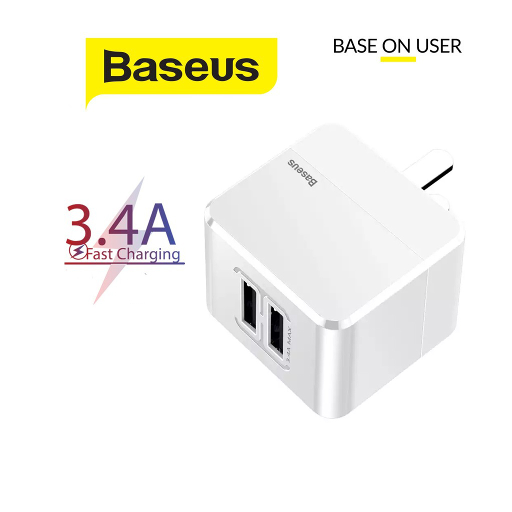 Củ sạc 3.4A Baseus Mini Square Dual-U chuôi dẹt 2 cổng USB cao cấp cho Smartphone