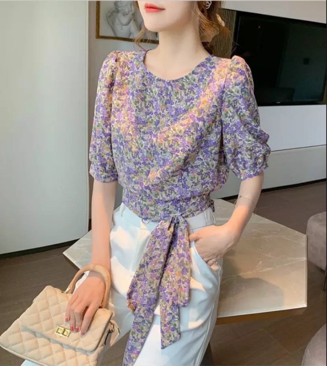 ÁO HOA CROPTOP THẮT NƠ EO XINH XẮN