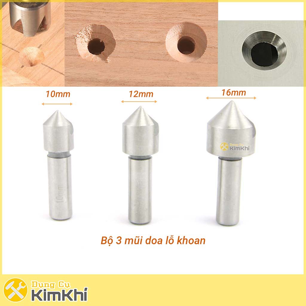 Bộ 3 mũi doa lỗ khoan nhôm, gỗ lưỡi đơn 10-16mm thép gió hss4241- kms