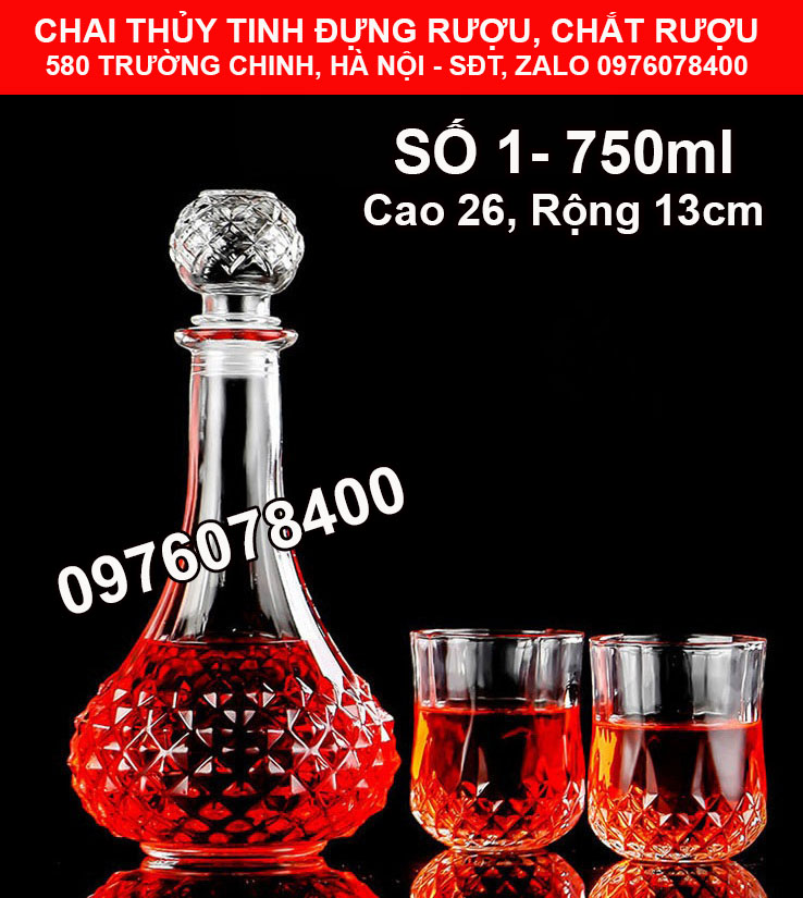 Vỏ chai thủy tinh đựng rượu 750ml, bình ngâm rượu 750ml, chai đựng rượu dáng pha lê sang trọng