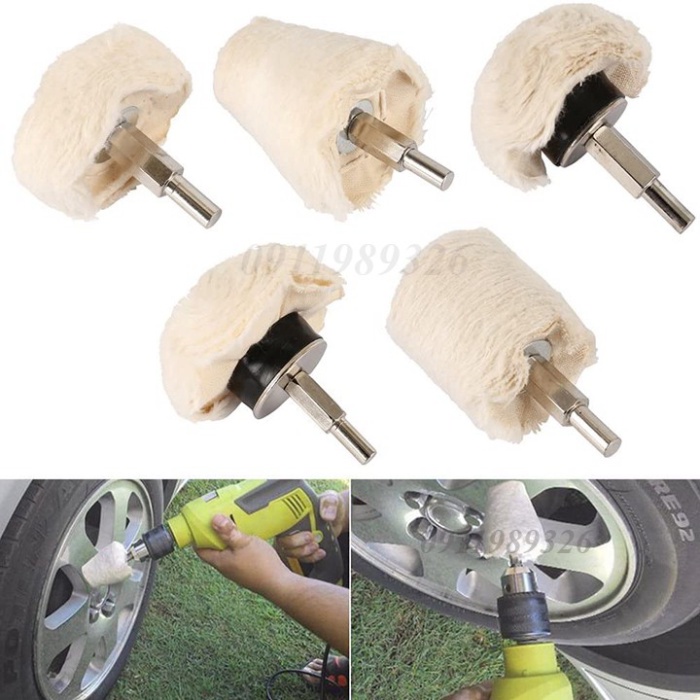 Bộ 5 đầu phớt lông cừu đánh bóng xe Phớt đánh bóng xe con xe gắn máy inox gắn cho máy khoan - Chổi đánh bón