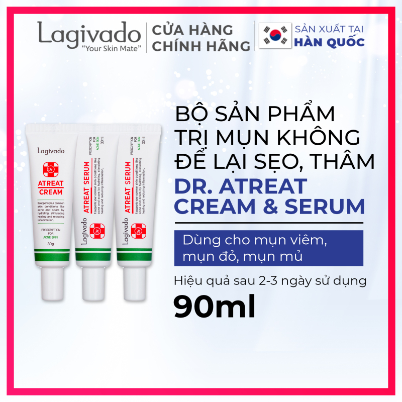 Bộ ba kem dưỡng ngăn ngừa mụn, giảm mụn viêm Lagivado Atreat Cream 30g và serum dưỡng da ngừa thâm, không để lại sẹo 60 ml giá rẻ