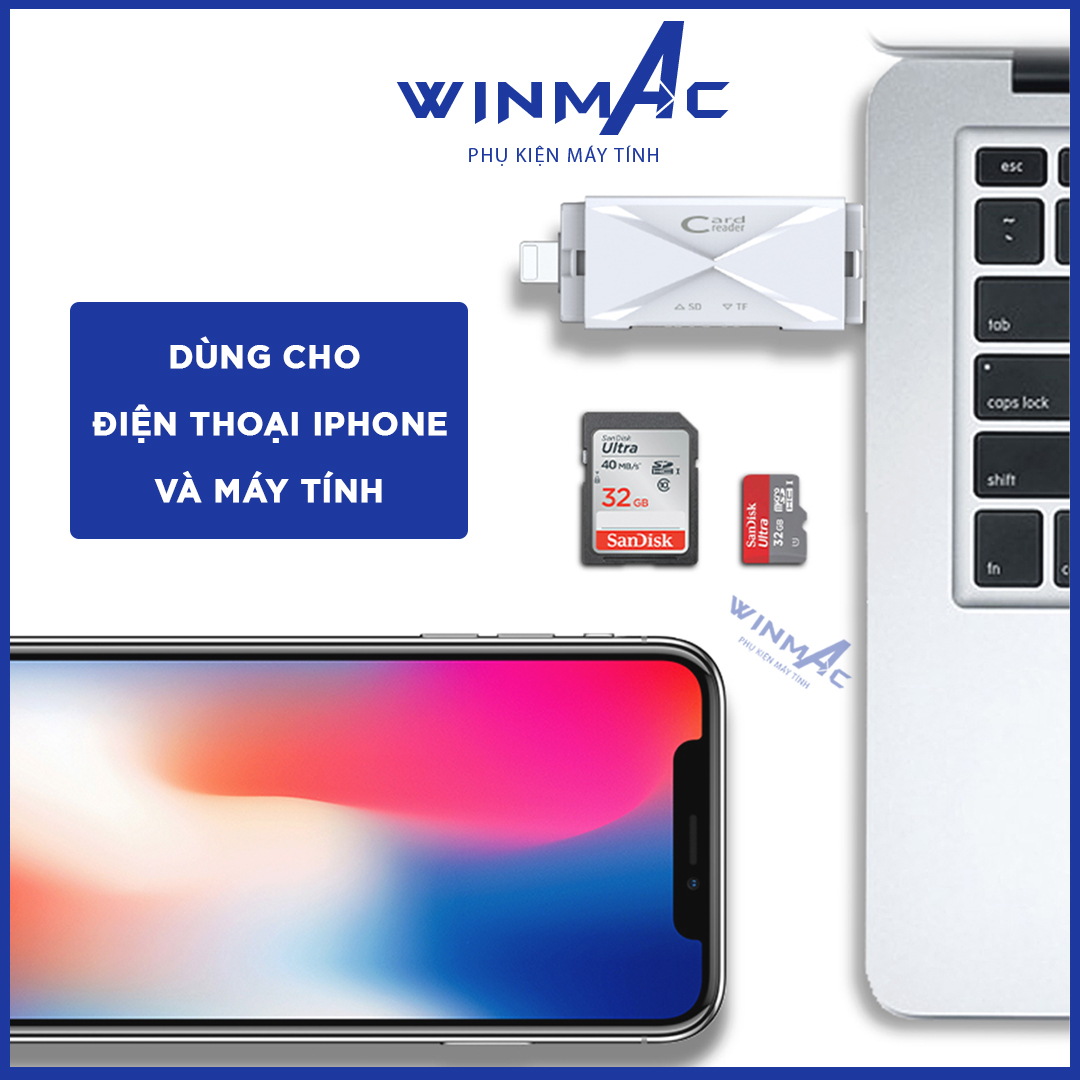 Đầu Đọc Thẻ Nhớ iPhone, Android, Máy tính - Hỗ trợ thẻ SD/Micro SD - Cổng USB / Lightning / Micro USB - Winmac