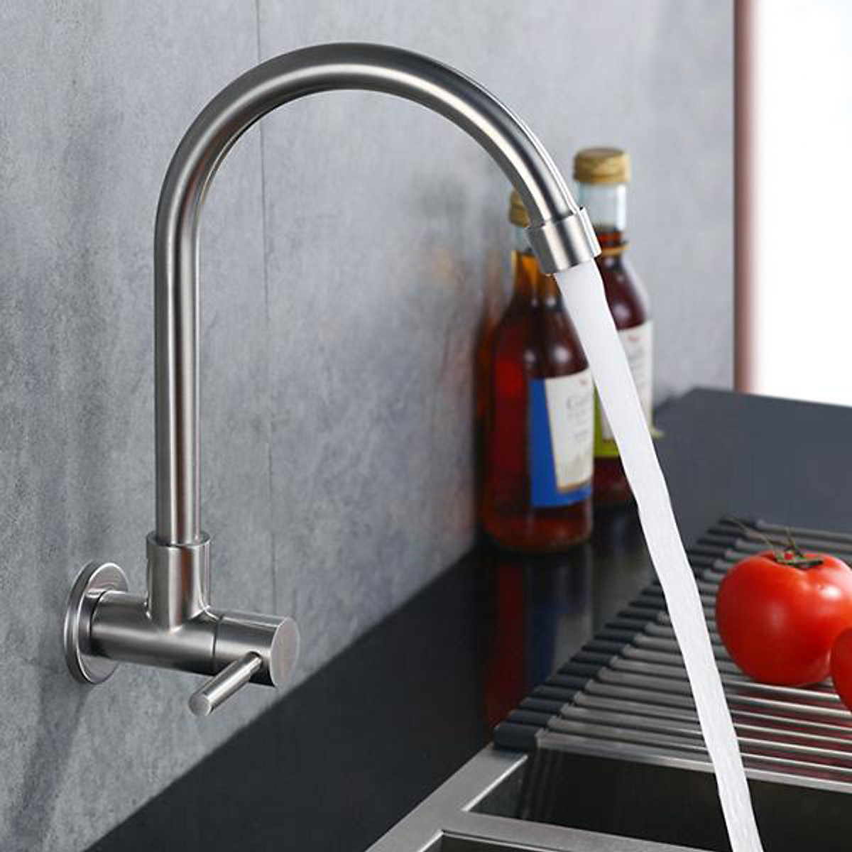 Vòi rửa chén - Vòi nước bếp nấu - Vòi nước Inox lạnh gắn tường tiện dụng, xoay 360 độ, dùng cho 2 chậu rửa