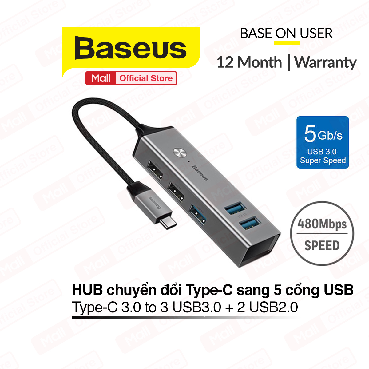 Bộ hub chuyển đổi type c sang 5 cổng usb 3.0