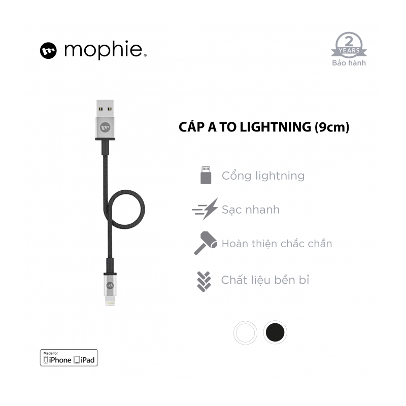 Cáp sạc mophie lightning mfi 9cm