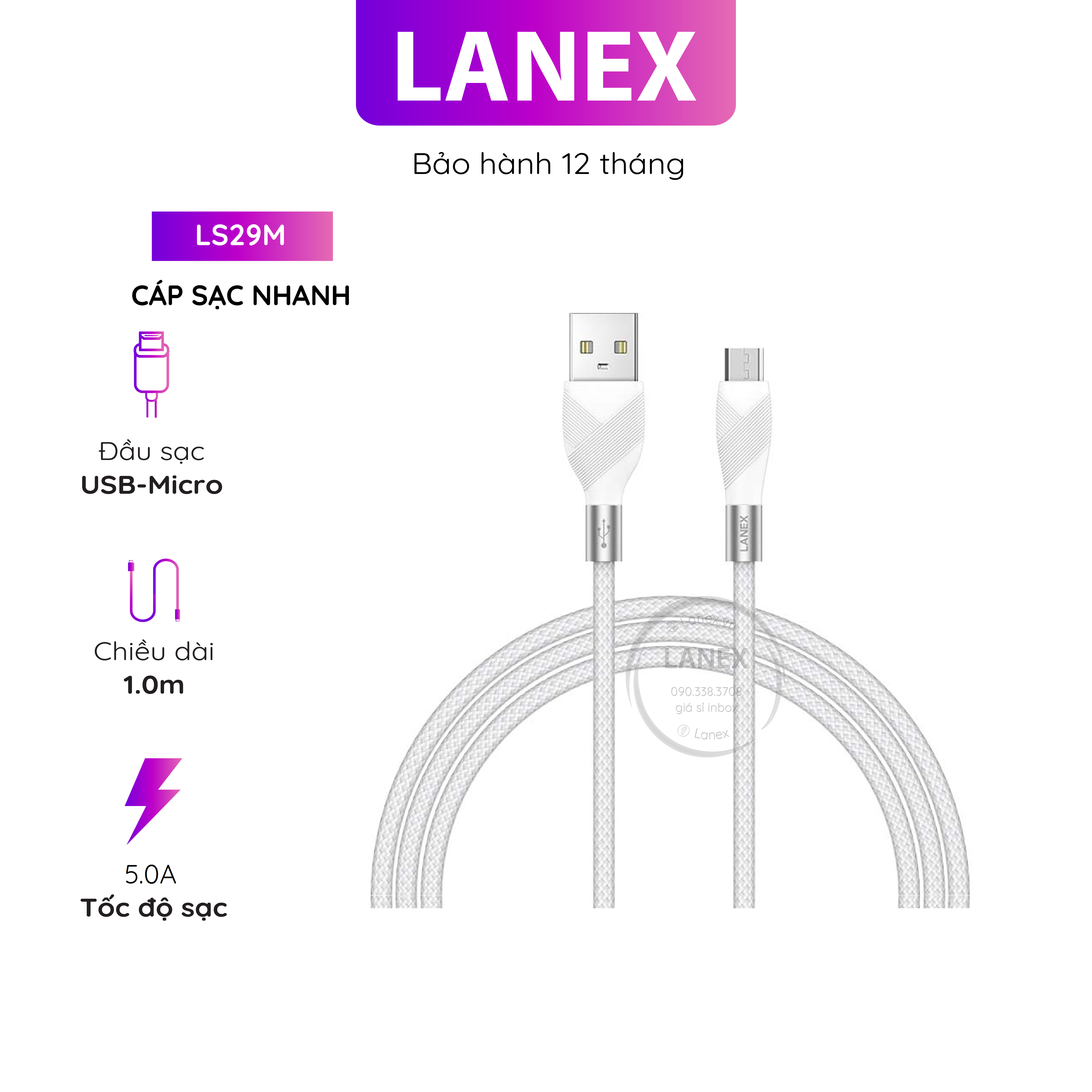 Cáp Sạc Nhanh Lanex Ls29m Dây Dù Micro 5.0a Dài 1.0m