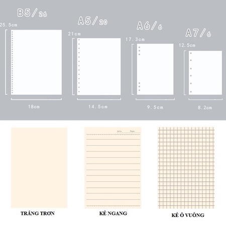 Ruột sổ còng giấy refill 20 26 lỗ A5 B5 sổ planner bullet journal