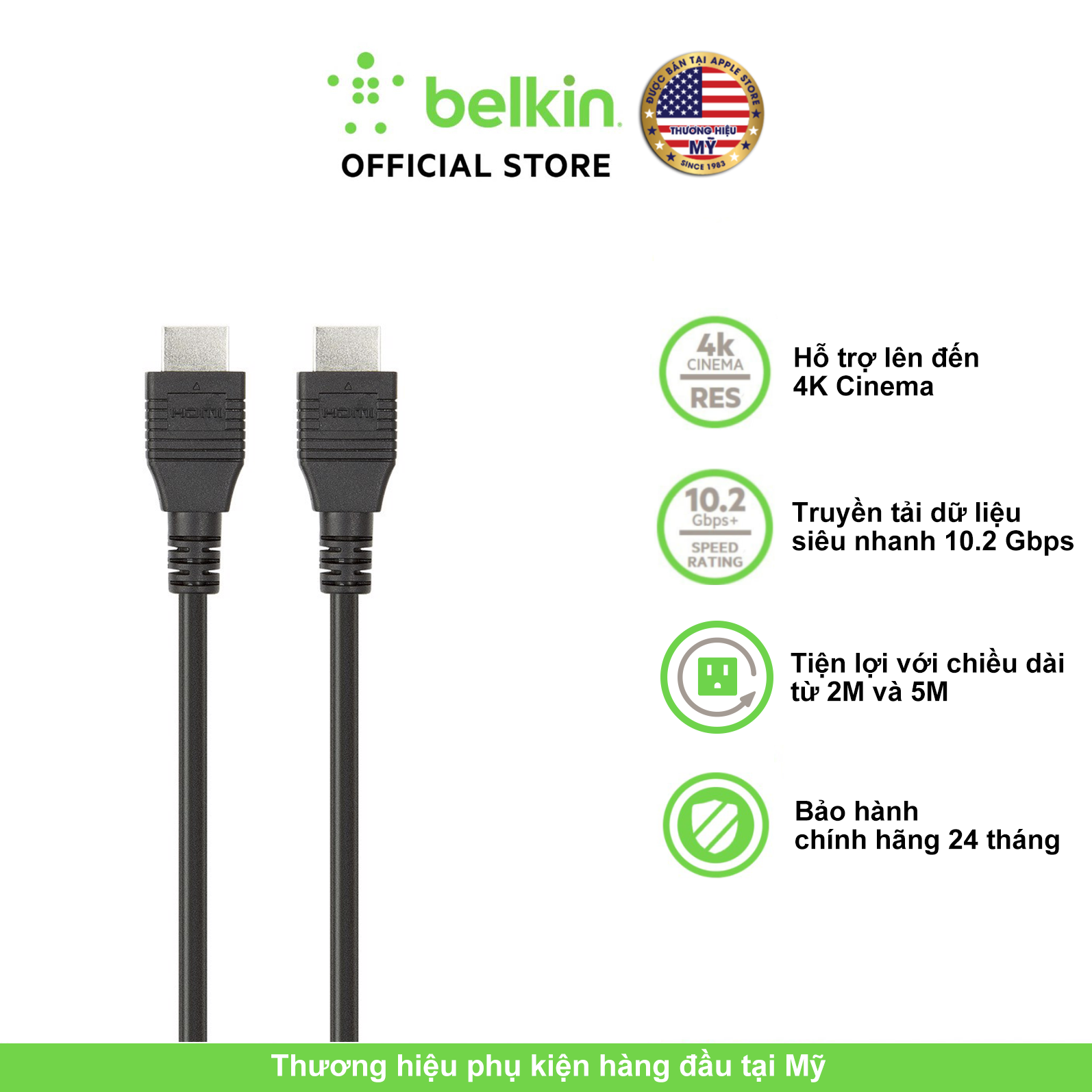 BÁO GIÁ Dây Cáp Tín Hiệu Mạng | Shopee Lazada Sendo Tiki mới nhất 34 Cáp HDMI cao cấp siêu bền Belkin cho Apple TV/SmartTV, chuẩn 4k 120Hz, TV 3D, full HD, âm thanh 7.1, truyền mạng Ethernet băng thông 10.2Gps, chống nhiễu tín hiệu, hàng cao cấp bảo hành đổi mới 2 năm, hãng phân phối chính thức - F3Y020bt2M