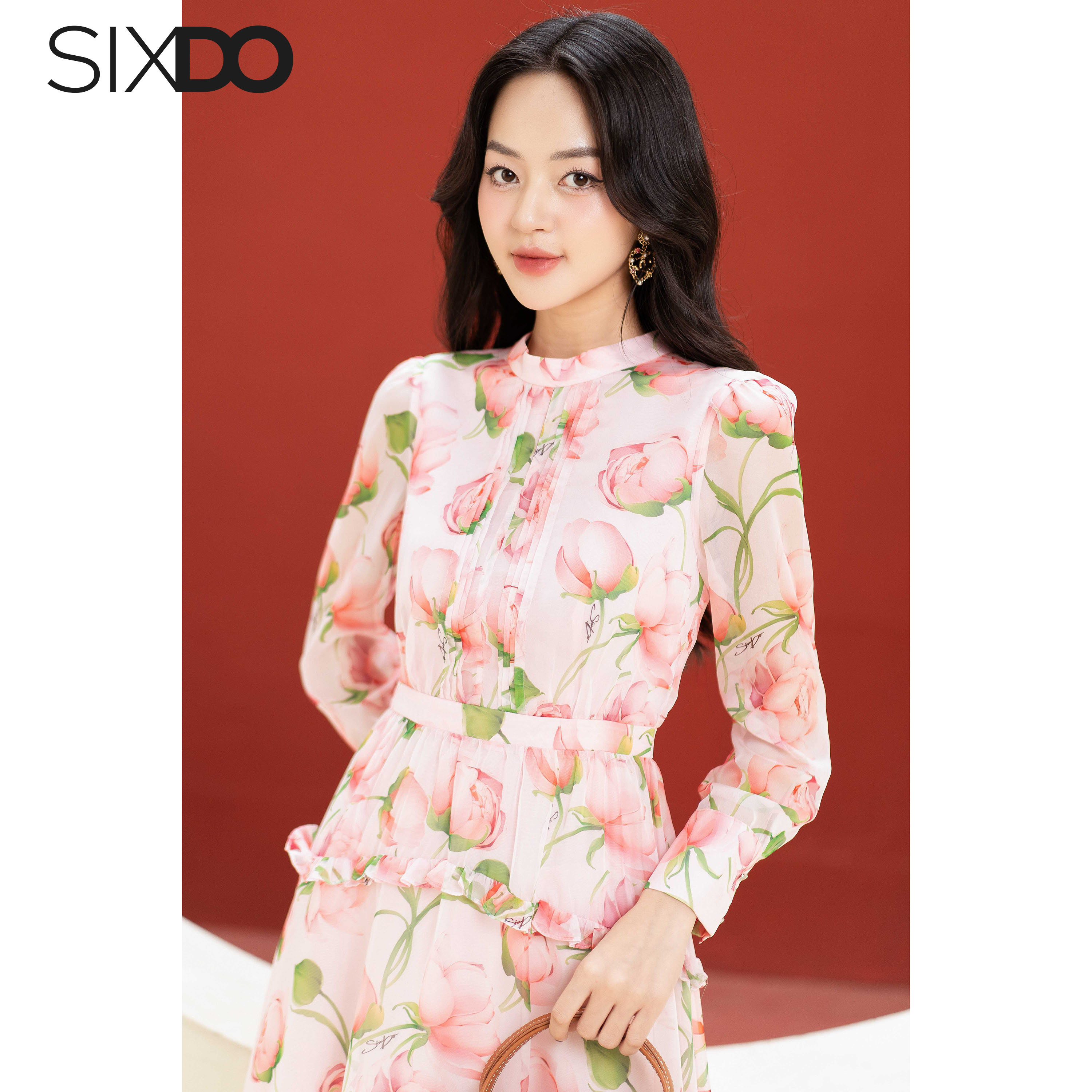 Đầm hồng voan midi dài tay SIXDO (Pink Rose Print Voile Midi Dress)