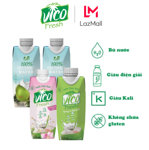 COMBO 4 HỘP NƯỚC DỪA VICO FRESH 330ML (2 NATURAL, 1 SEN, 1 DỨA)