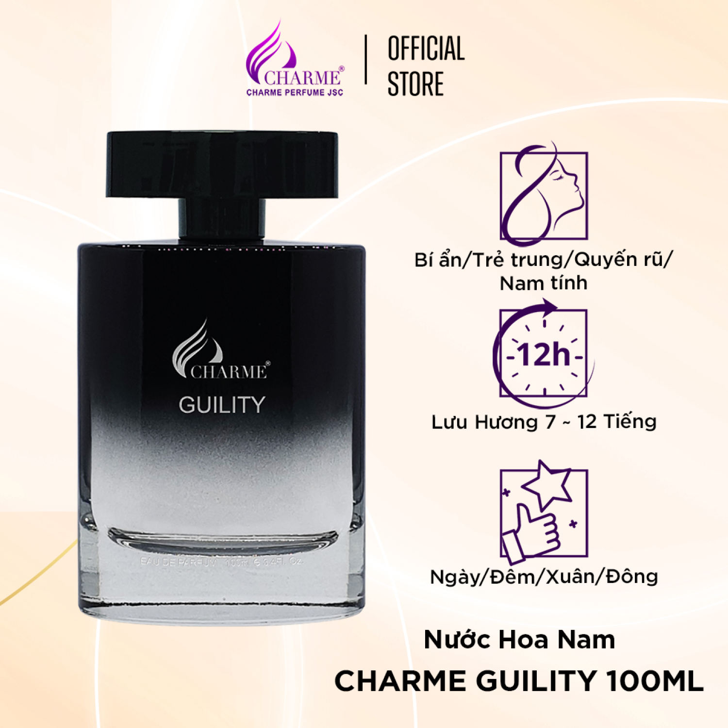 Nước hoa nam cao cấp, Charme Guility, nước hoa lưu hương lâu, tạo phong cách bí ẩn, 100ml