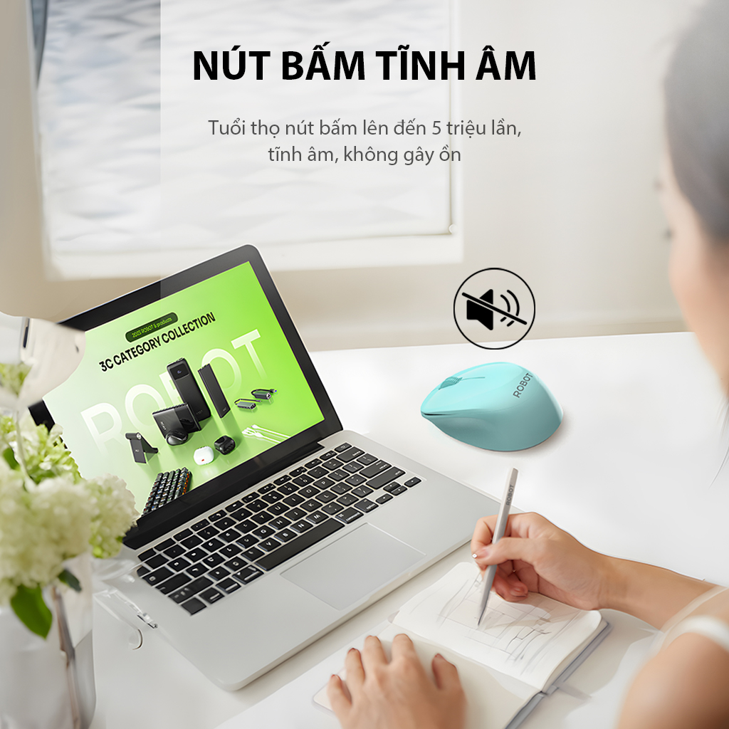 Chuột không dây Robot M210S tĩnh âm silent nhấp im lặng kết nối USB nhỏ gọn tiện dụng độ chính xác cao cho máy tính xách tay laptop pc phù hợp văn phòng dạy online học online