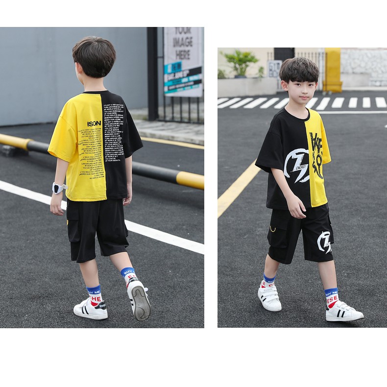 [HCM]Set quần áo bé trai logo ISO phối màu vàng đen bộ quần áo thời trang cho bé chất liệu thun lạnh avir mịn không phai