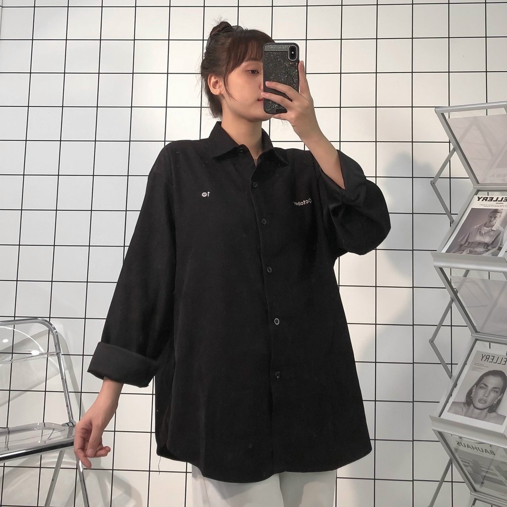 Áo Sơ Mi Nữ form rộng đẹp dài tay ulzzang vintage hàn quốc THÊU YOYO Siêu đẹp,chất vải mềm mịn thoáng mát