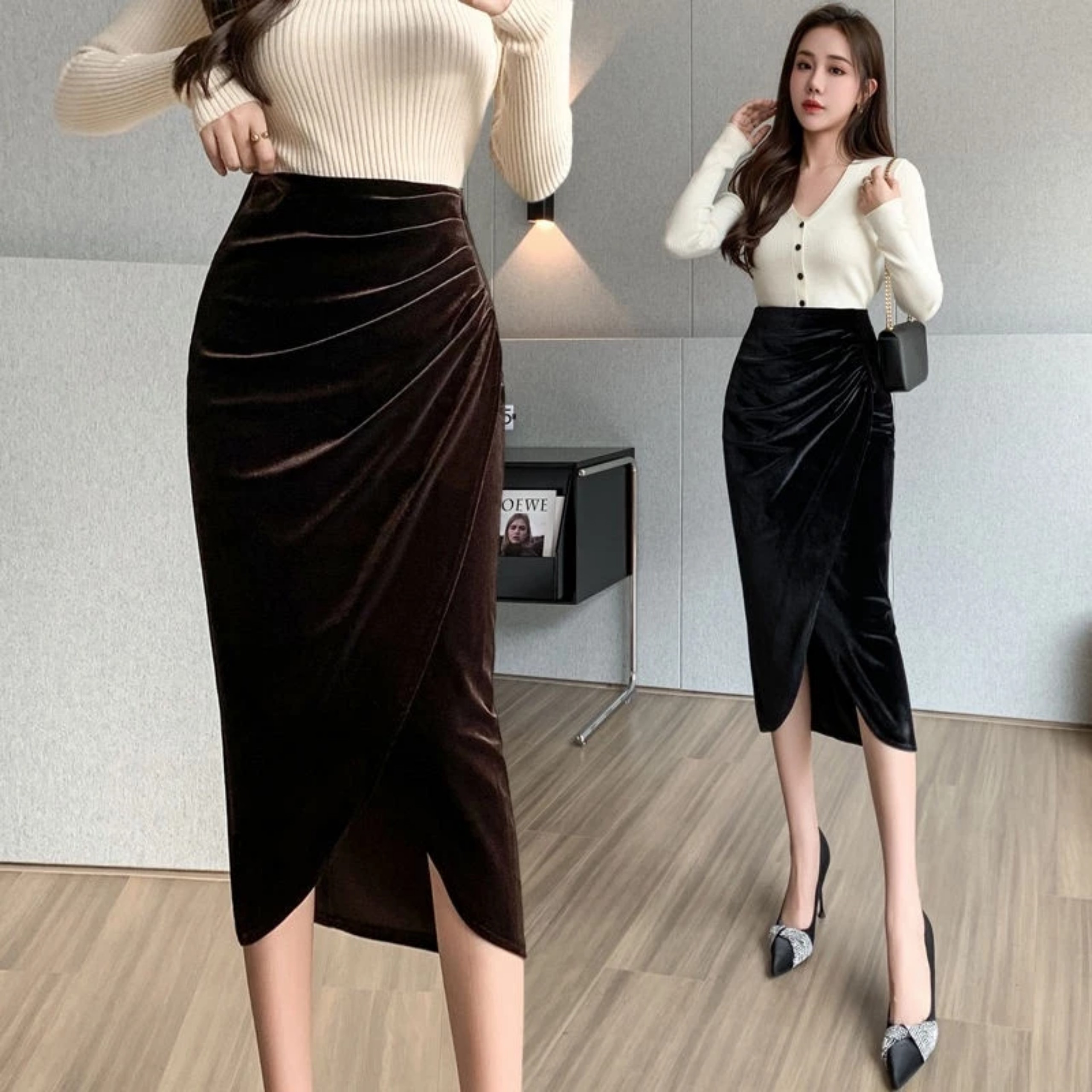 Chân Váy Bút Chì Nhung Nhún eo Dài 75cm C9