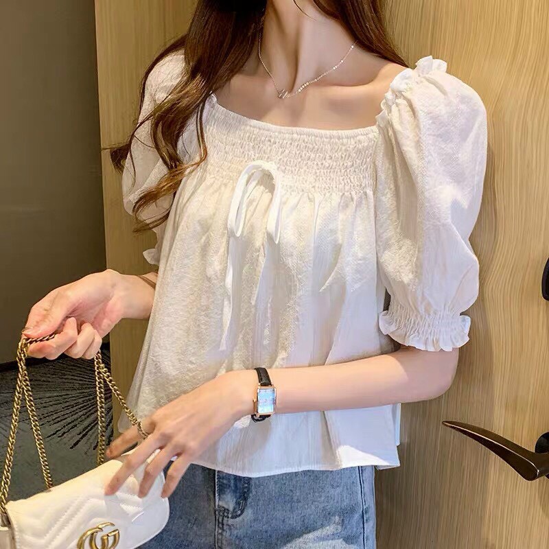 Áo voan cổ vuông nhún ngực phối nơ bánh bèo TTSA1034