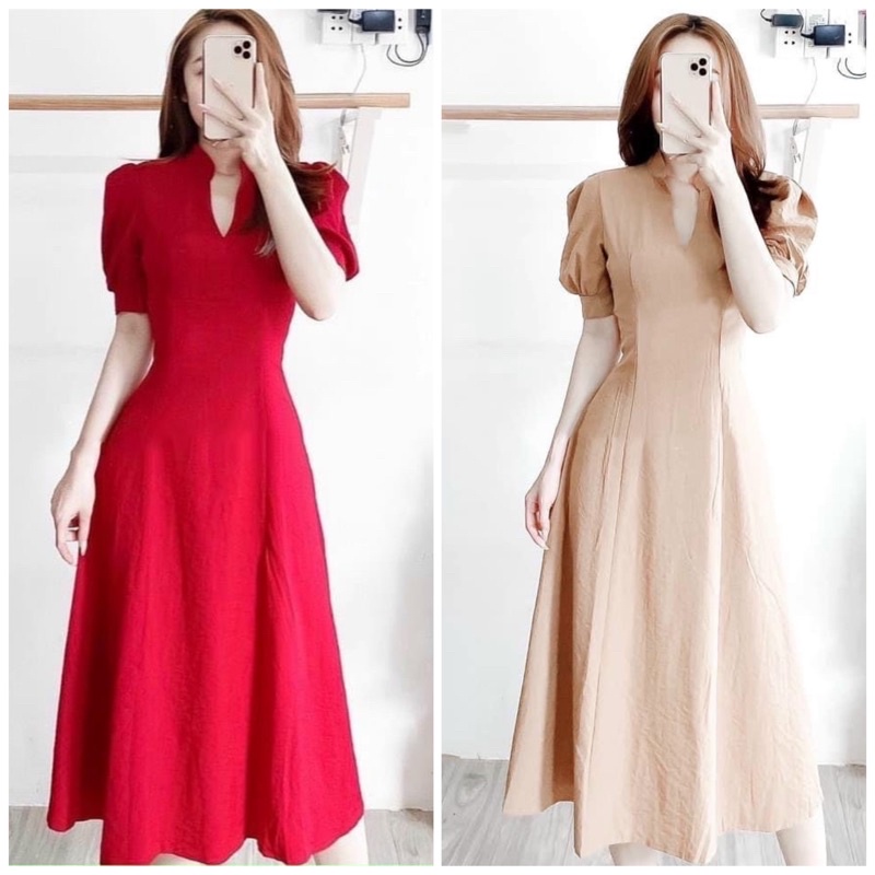 Đầm cổ trụ form dài 2 màu