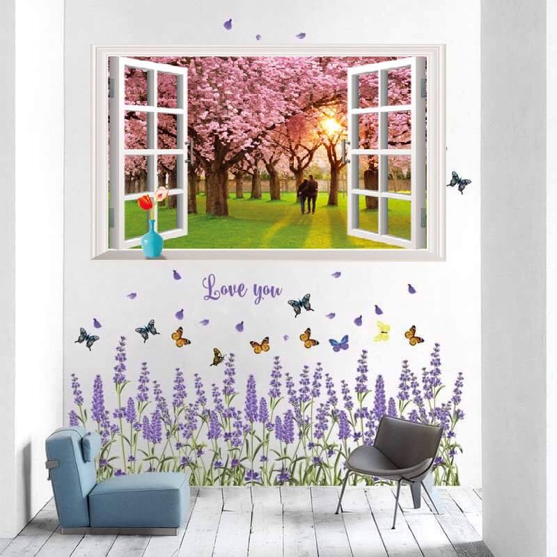 Decal dán tường cửa sổ anh đào và chân tường lavender