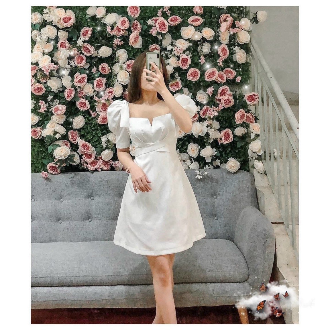 Đầm Trắng Tay Bồng Dây Đan Chéo Eo