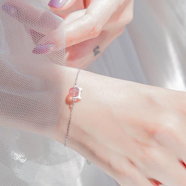 Lắc tay bạc mèo hồng thạch anh dâu tây dễ thương
