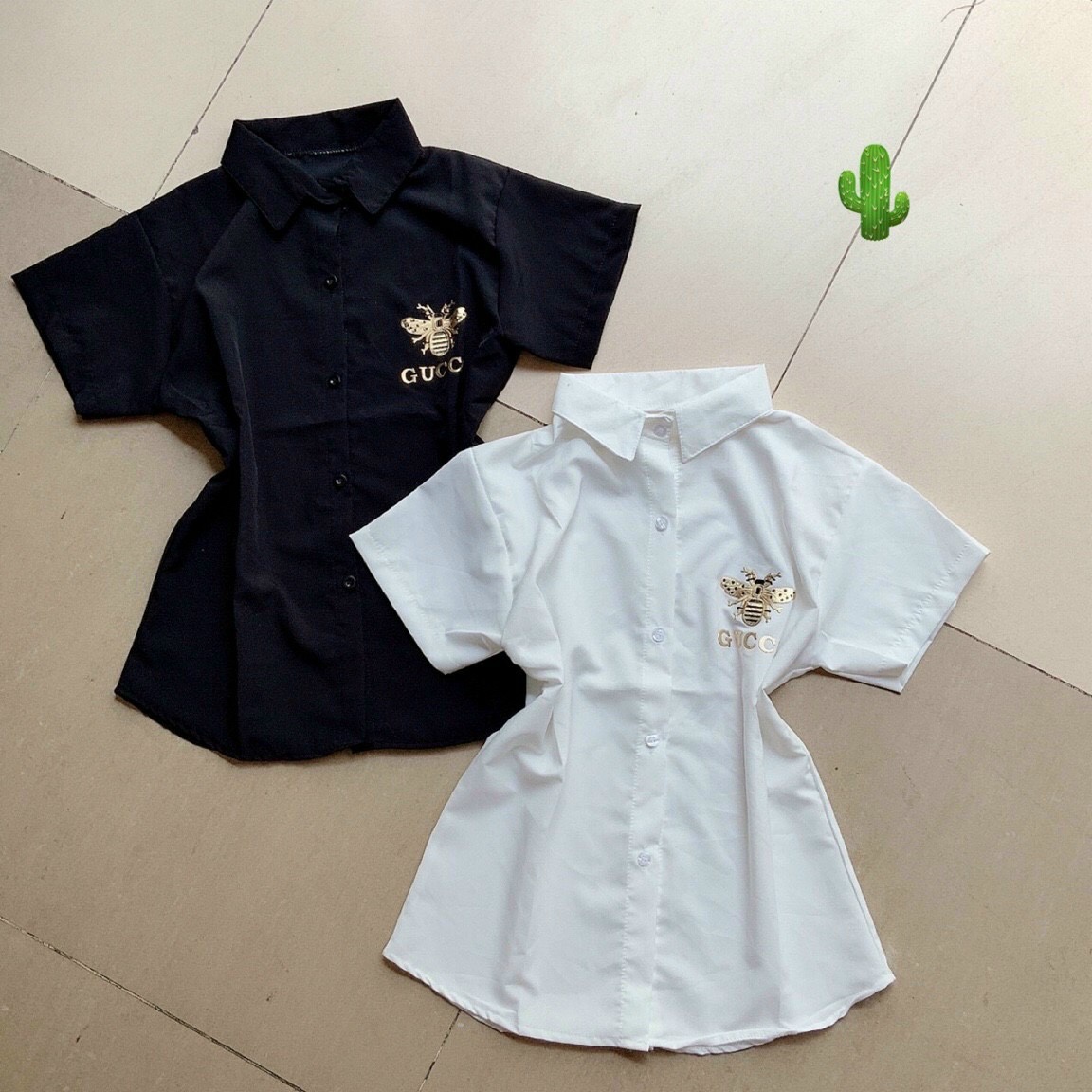 Áo sơ mi tay ngắn cổ bẻ thêu ong công sở