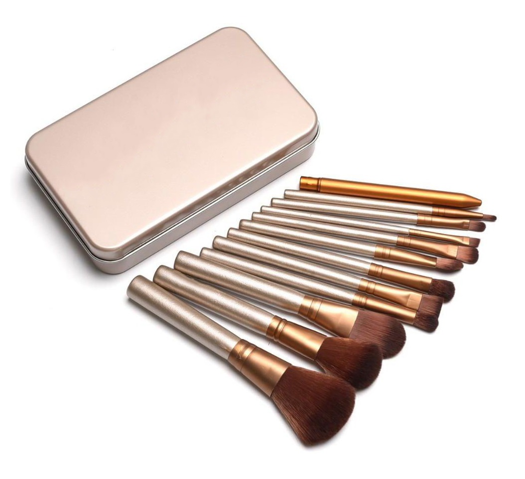 BỘ CỌ TRANG ĐIỂM 12 CÂY KÈM HỘP ĐỰNG_Vàng, đen_Set 12 cọ trang điểm: Chổi đánh phấn má đánh mắt phủ phấn đánh kem nền vẽ mày viền mí tán phấn mắt cọ má hồng… Đồ trang điểm dụng cụ trang điểm cọ makeup