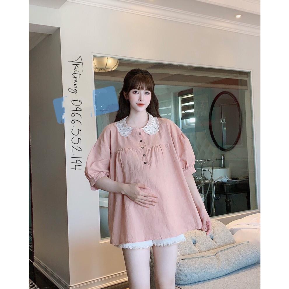 ￼Áo bầu mùa hè - Áo sơ mi bầu cổ ren hoa 3D (50-75kg)