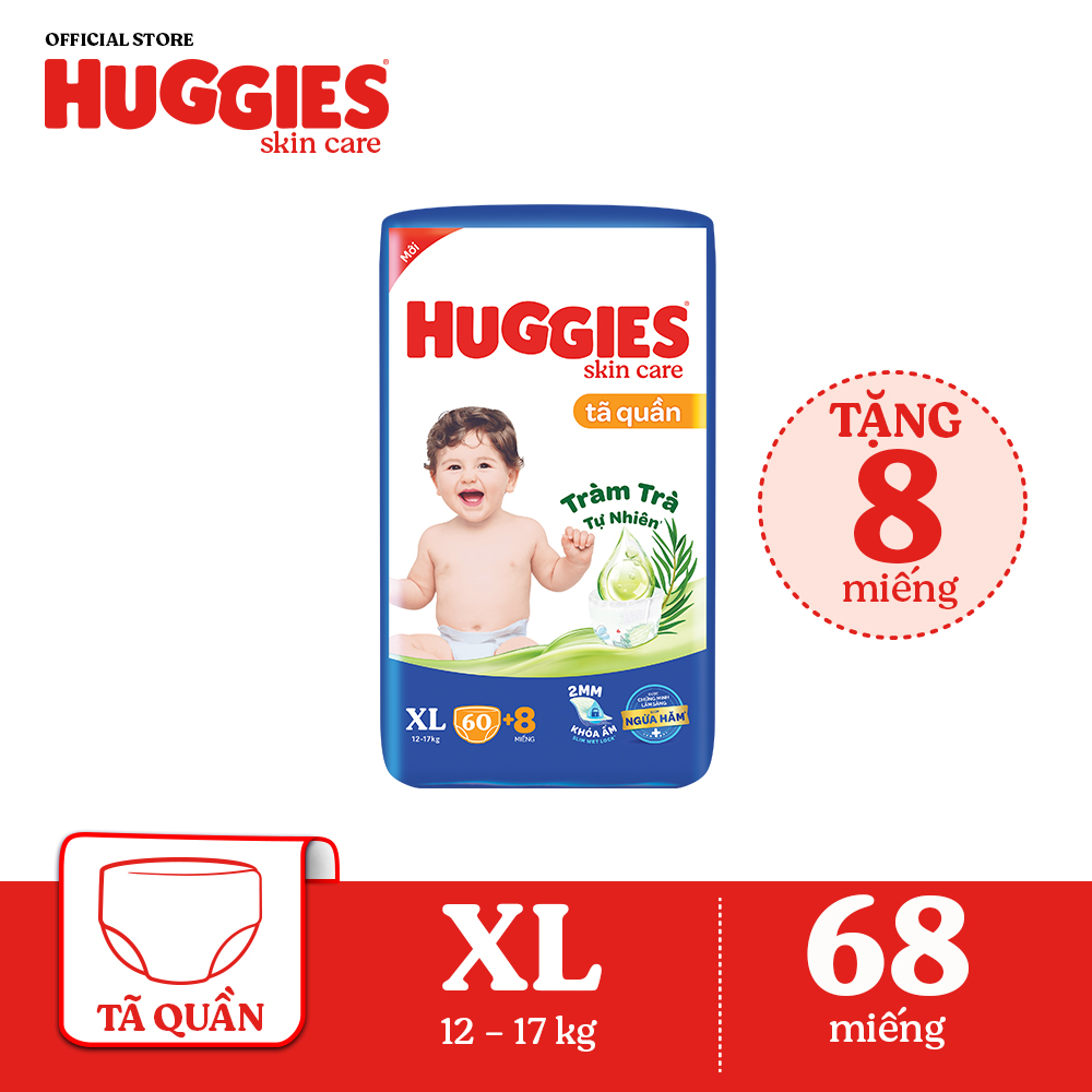 [CHỈ TỪ 5.1-7.1 QUÀ TẶNG HOT] Tã quần HUGGIES SKINCARE SUPER JUMBO XL60 (12 - 17kg)  - Gói 60+8 miếng