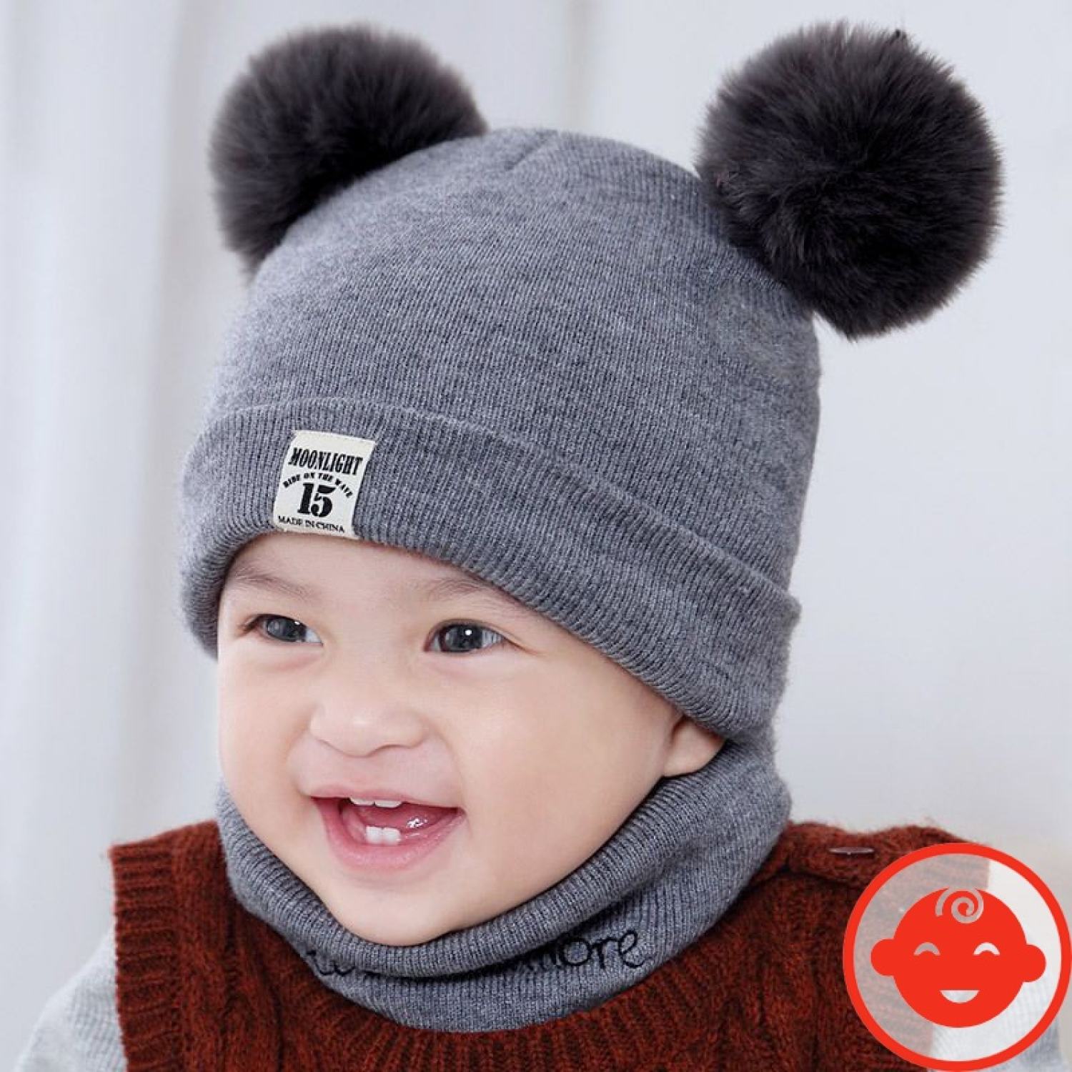 Mũ len 2 quả bông KÈM KHĂN cho bé