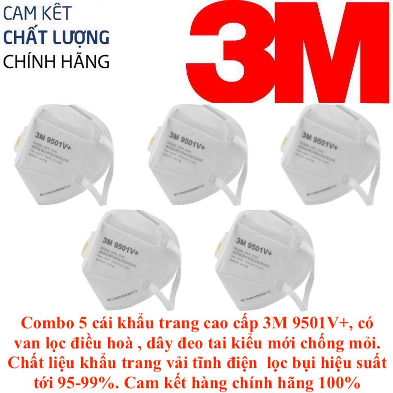 5 cái Khẩu trang 3M 9501V+ tiêu chuẩn KN95 dây quai đeo bằng vải thun, không gây đau tai, lọc các loại bụi siêu mịn PM2.5, các loại bụi công nghiệp độc hại, lọc mùi, chống virus hiệu suất cao tới 95%-99%