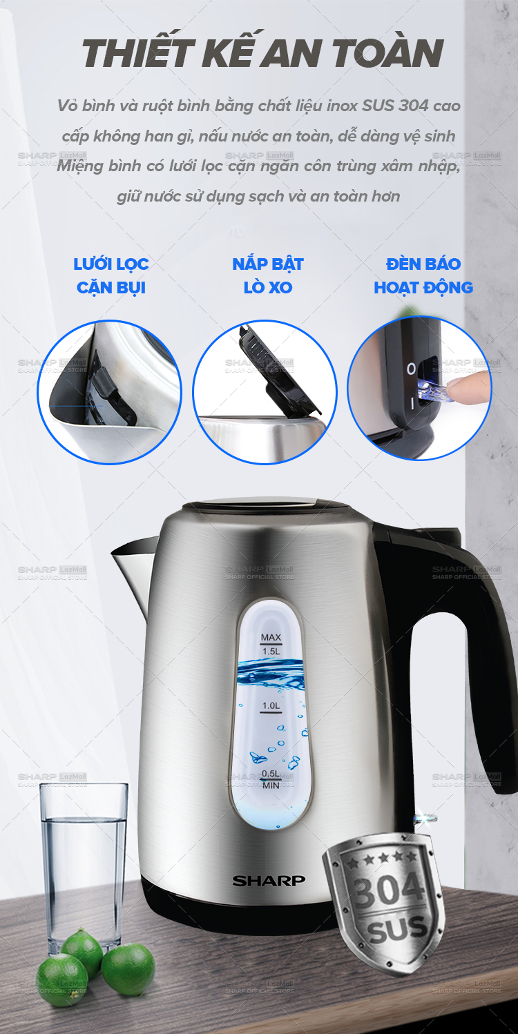 Bình Đun Siêu Tốc 1.5 Lít Sharp EKJ-15EVS-ST [Vạch báo mực nước: hai bên, Cảm biến nhiệt: FADA] - Bảo Hành Chính Hãng 12 tháng