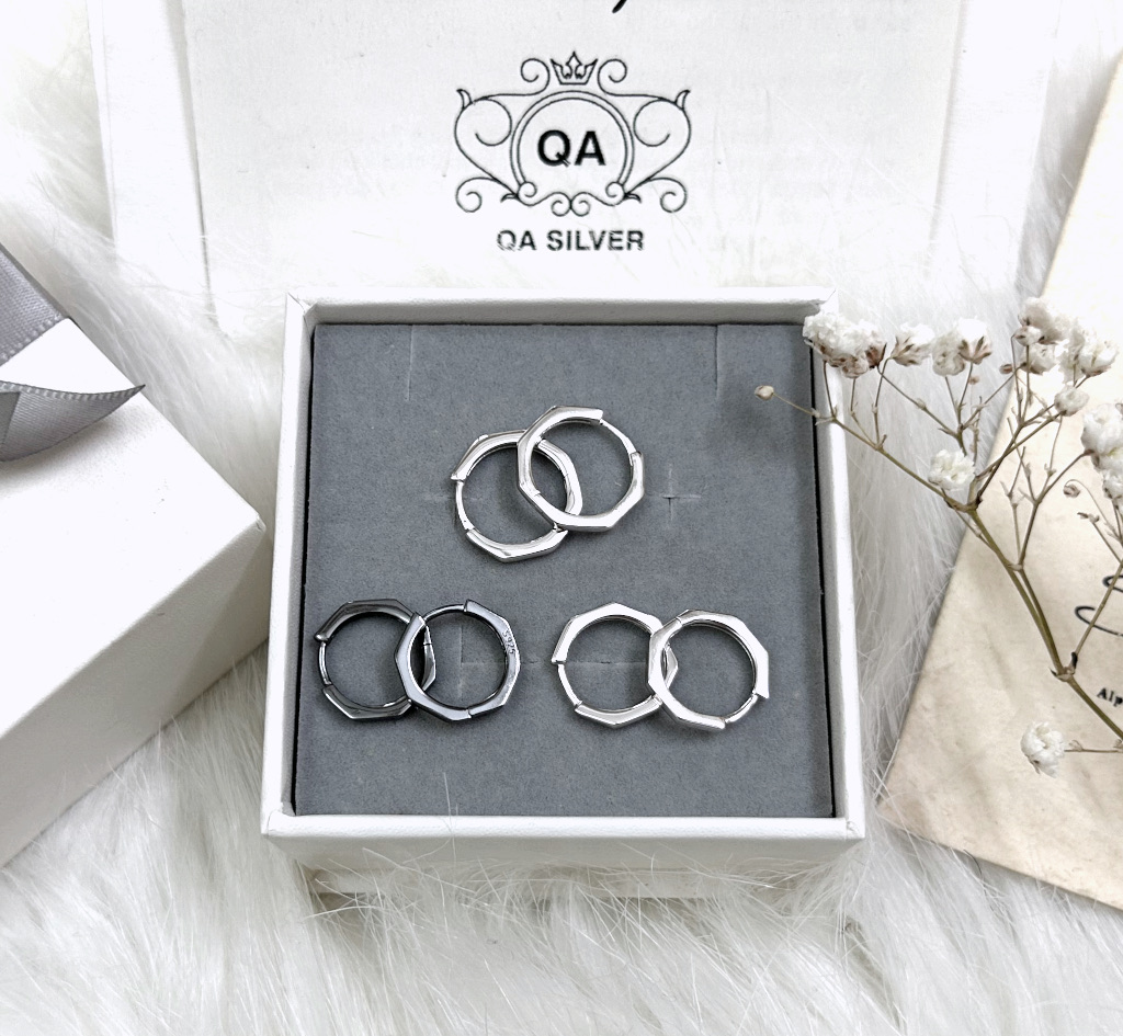 Khuyên tai bạc hình học bát giác 8 cạnh bông tai bạc đa giác khớp mở S925 GEOMETRIC Silver Earrings QA SILVER EA191010