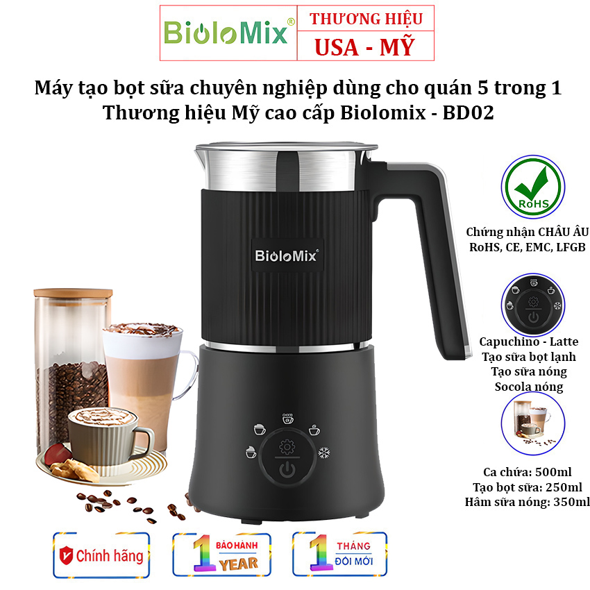 Máy tạo bọt sữa chuyên nghiệp 5 trong 1, Thương Hiệu BIOLOMIX Mỹ BD02, 5 CHẾ ĐỘ đánh sữa tạo bọt <Dung tích ca chứa 500ml> - Bảo Hành 1 Năm