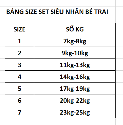 SET SIÊU NHÂN ANH HÙNG 4 MÓN [SIZE 1-7]
