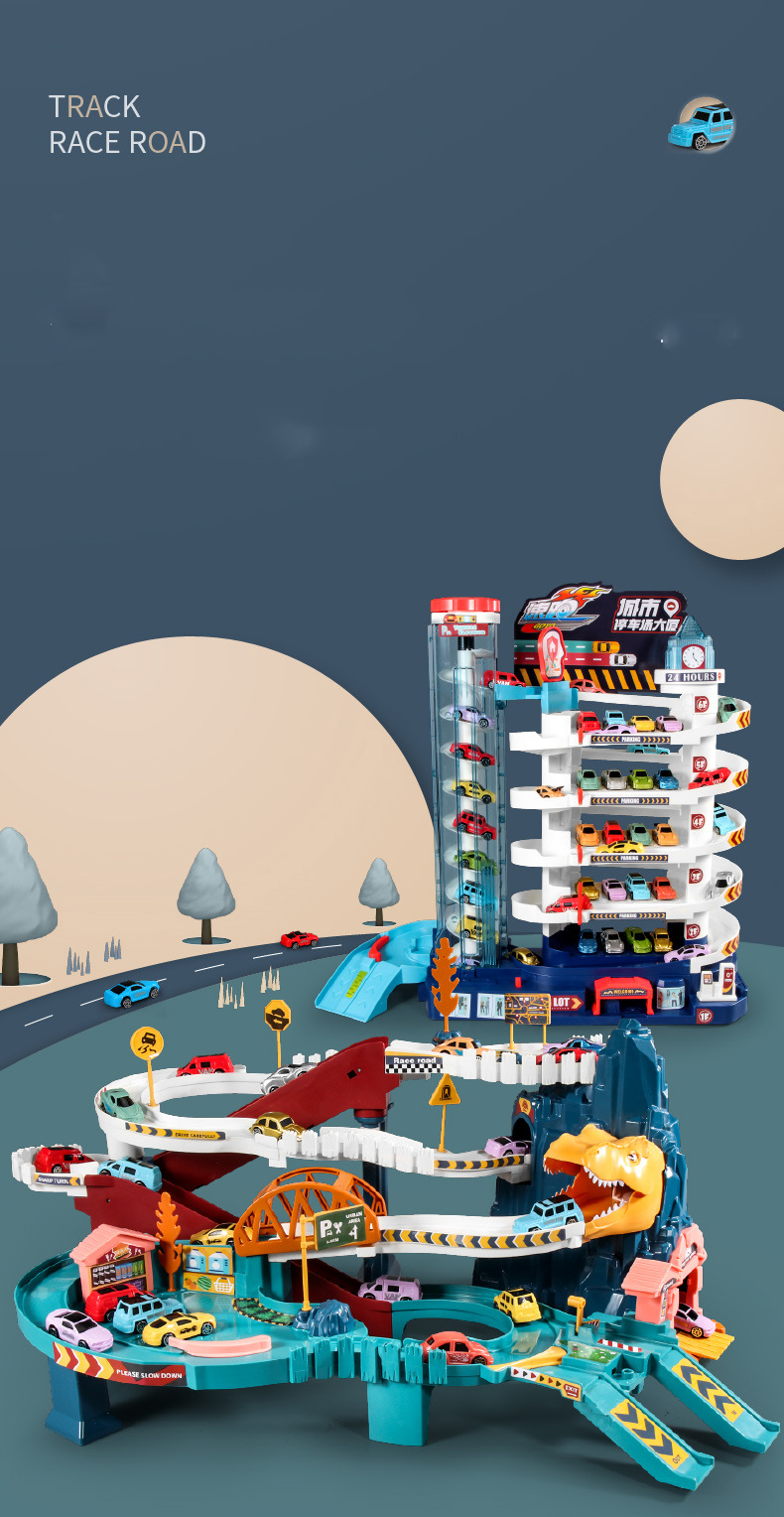 bộ đồ chơi đường đua khủng long siêu tốc kết hợp garage đỗ xe ô tô 5 tầng 2