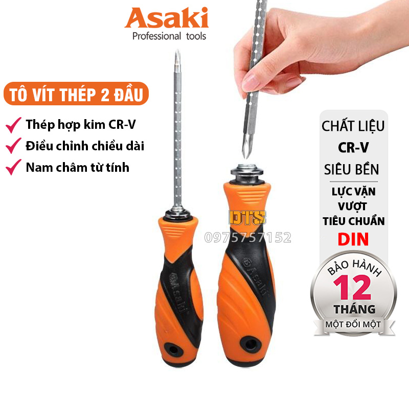 Tô vít thép kiểu nấc 2 đầu công nghiệp hãng Asaki AK-6994, tua vít đa năng đảo chiều có nam châm thép CR-V siêu cứng, chịu lực cao, sửa chữa nhà cửa, tô vít 2 đầu cao cấp, tô vít đa năng, tô vít nấc, tua vít 4 cạnh, tô vít 2 cạnh