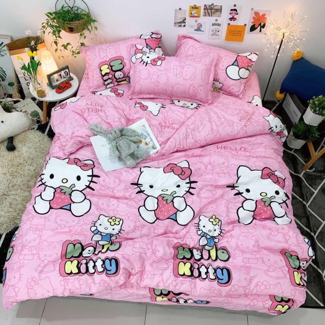 Chăn ga gối cotton poly - Mẫu hello kitty.