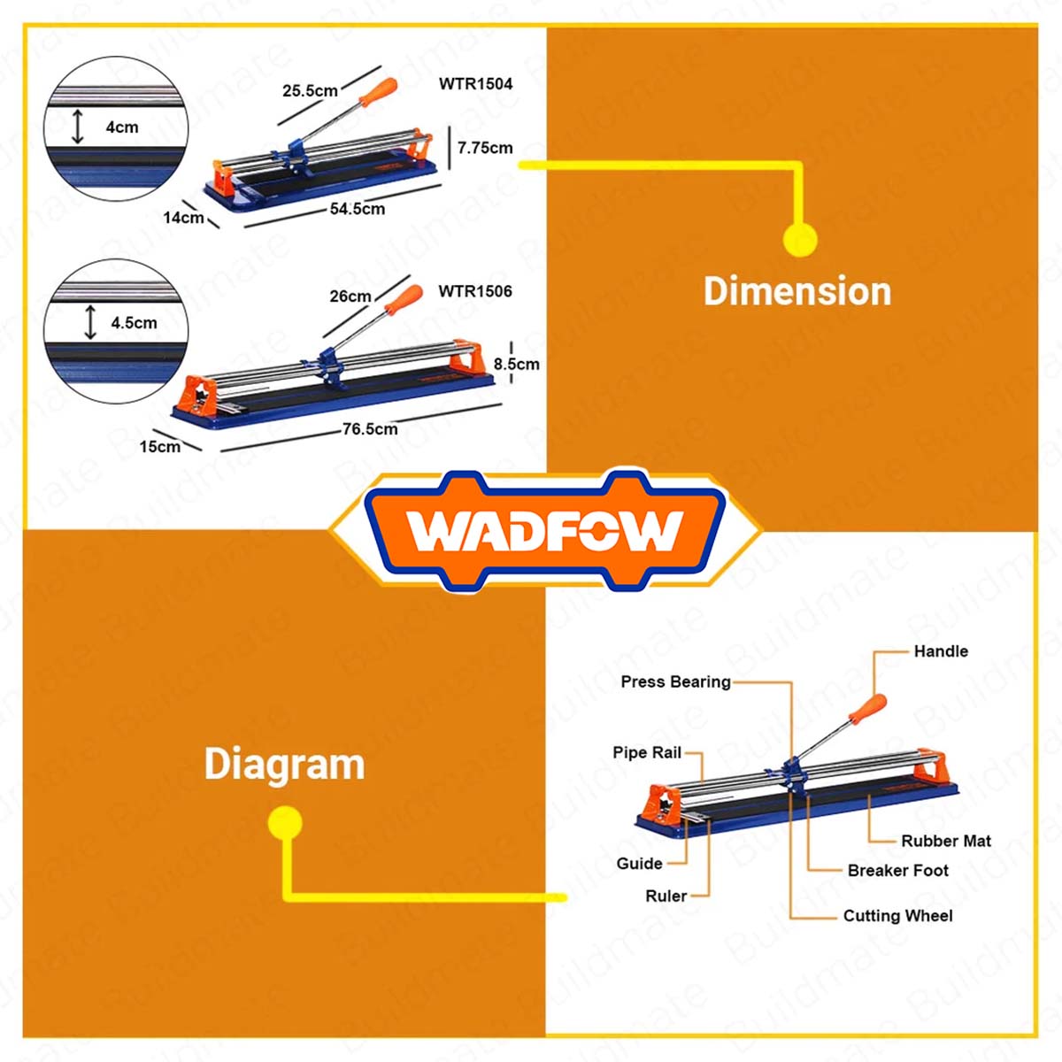 Bàn cắt gạch đẩy tay WADFOW 400-600mm, bàn cắt đẩy tay độ dày cắt tối đa 10mm, cắt gạch, đá lát, gạch ngói