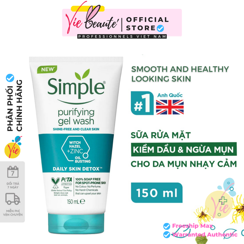 Sữa rửa mặt SIMPLE Purifying Gel Wash kiềm dầu giảm mụn sạch da 150ml