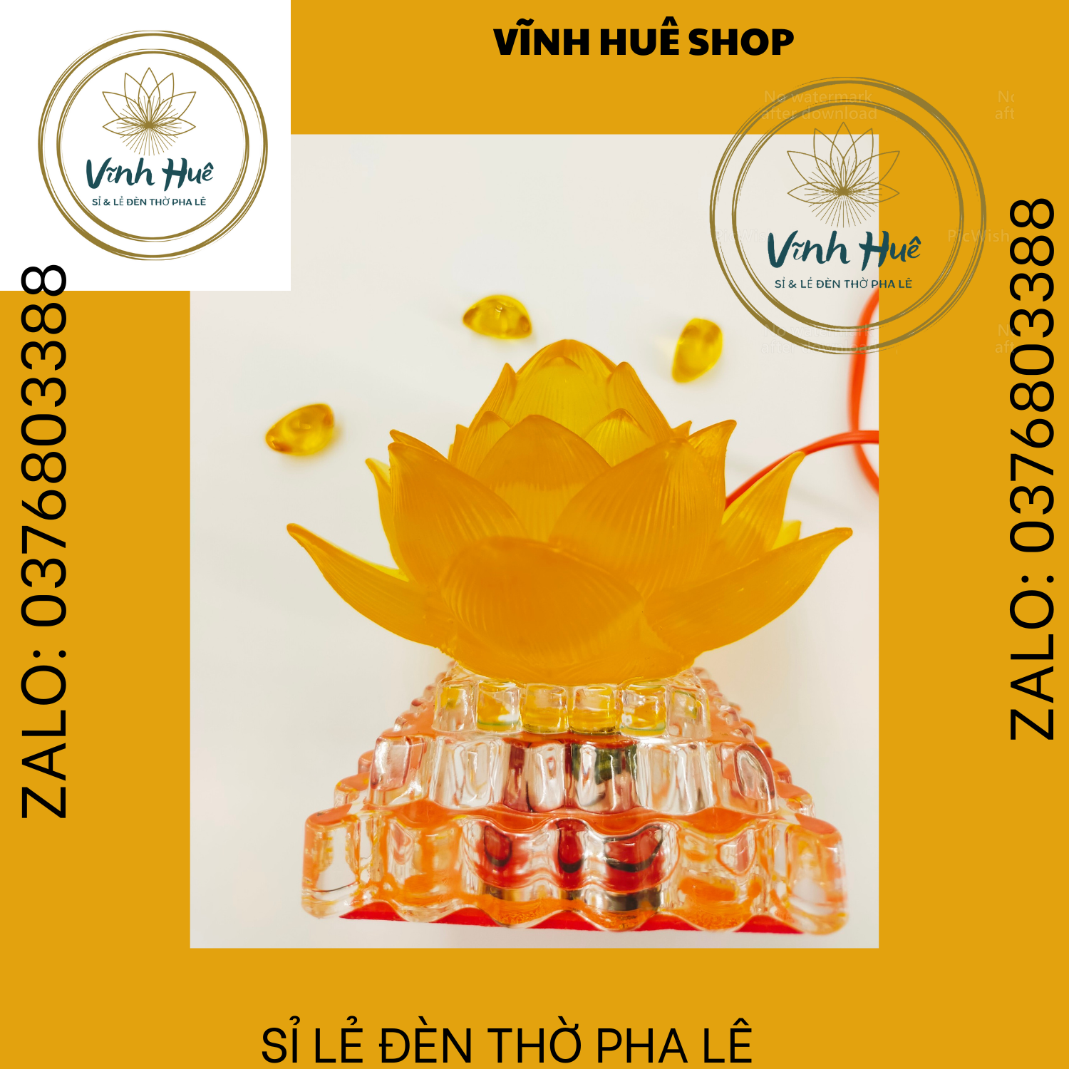 ĐÈN THỜ CÚNG MẠCH LED HOA SEN VÀNG ĐỔI MÀU ĐẾ PHA LÊ