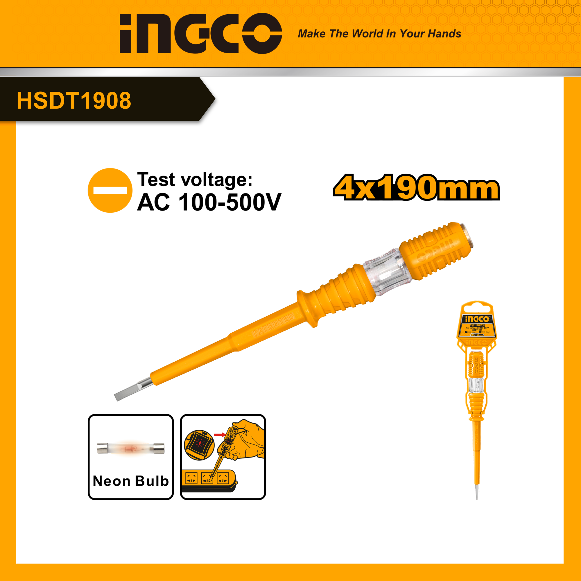 INGCO Bút thử điện loại lớn AC 100-500V HSDT1908