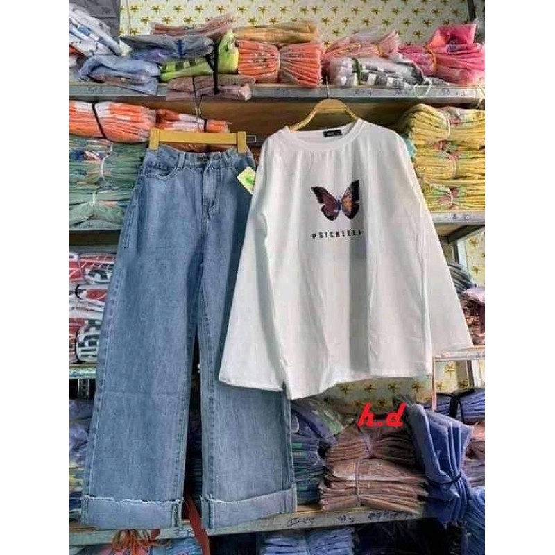 Sét áo bướm box tay dài+quần bò ống rộng gấu rua , Áo thun nam nữ, quần kaki, quần nữ, sét bộ mặc ở nhà, áo thun tay dài, quần jean ống rộng - FANI