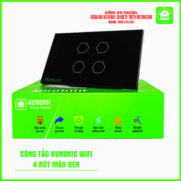 Công Tắc Wifi Hunonic 4 nút Màu Đen