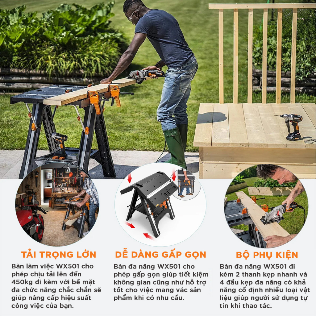 Worx wx051 multi-function folding table load up to 450kg easy to fold portable wide table top original easy to operate