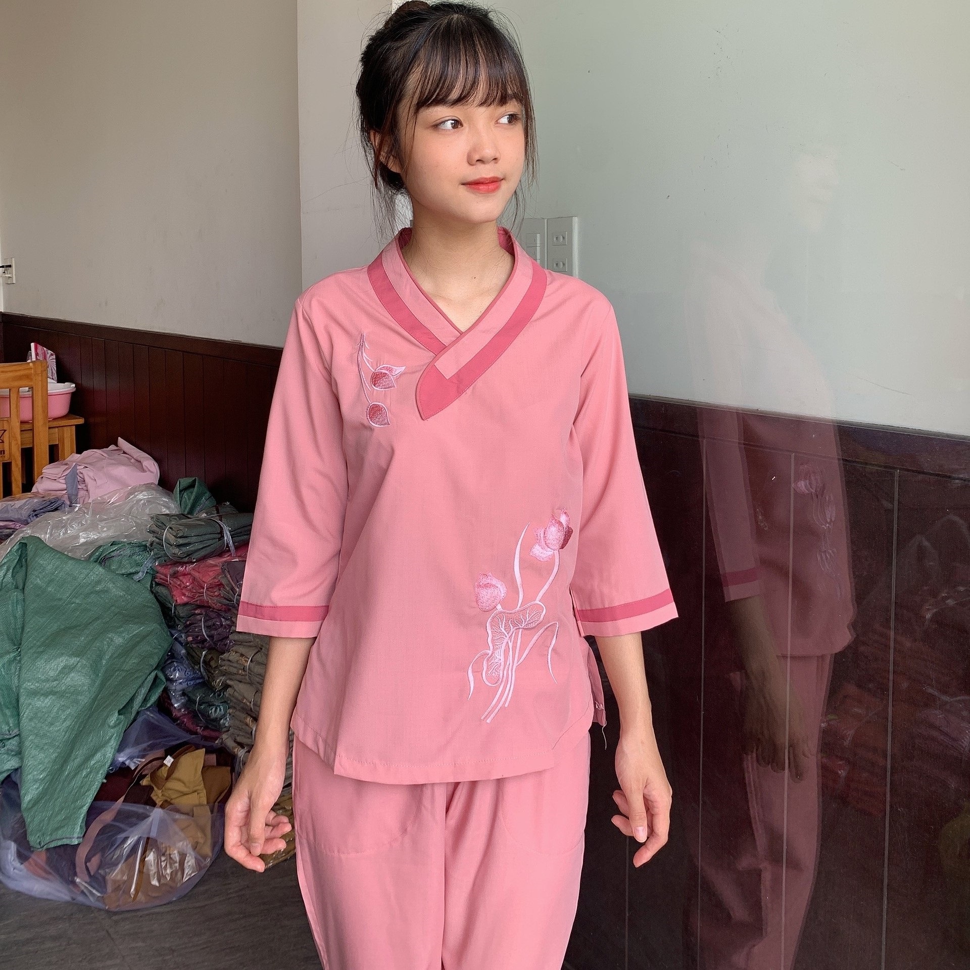 Quần Áo Phật Tử, Đồ Lam Phật Đi Chùa Nữ, đồ bộ mặc nhà mẫu TIM BẦU mã PN09A