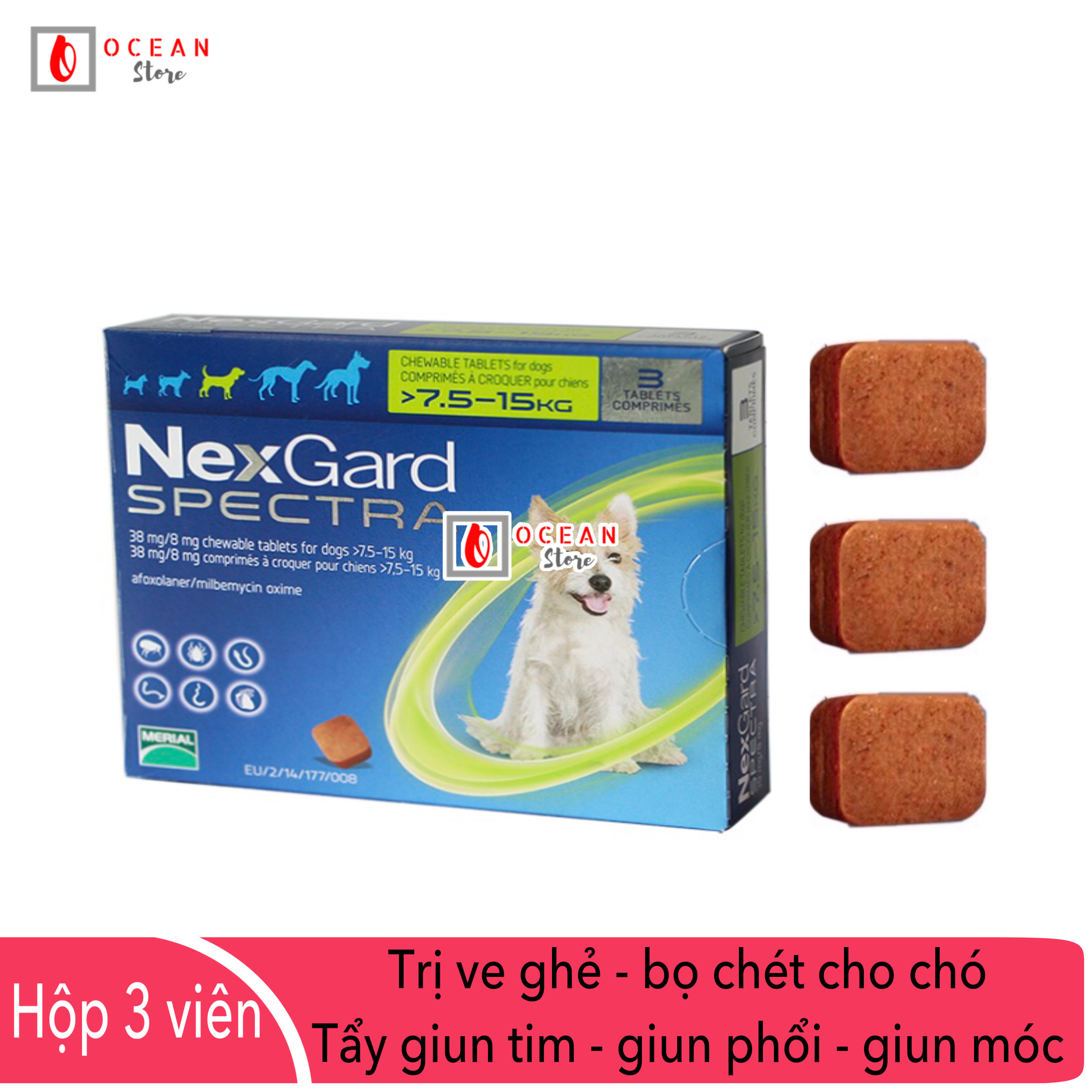 Thuốc trị ve ghẻ, bọ chét, demodex, tẩy giun cho chó - Hộp 3 viên Nexgard Spectra cho chó 7,5-15kg (boxes 3 tablets 7,5-15kg)
