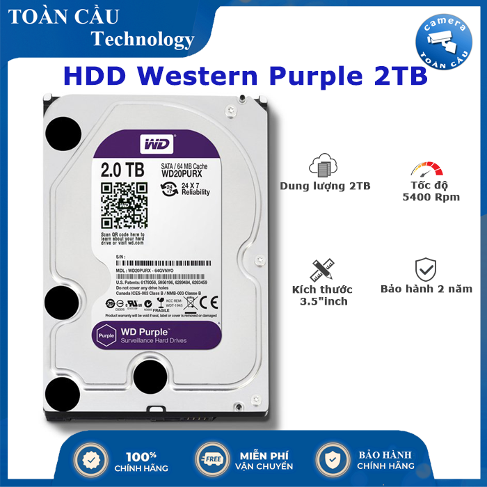 [HCM][100% CHÍNH HÃNG] Ổ cứng Camera HDD Western Purple 2TB WD20PURZ tím (bảo hành 2 năm) - Camera Toàn Cầu