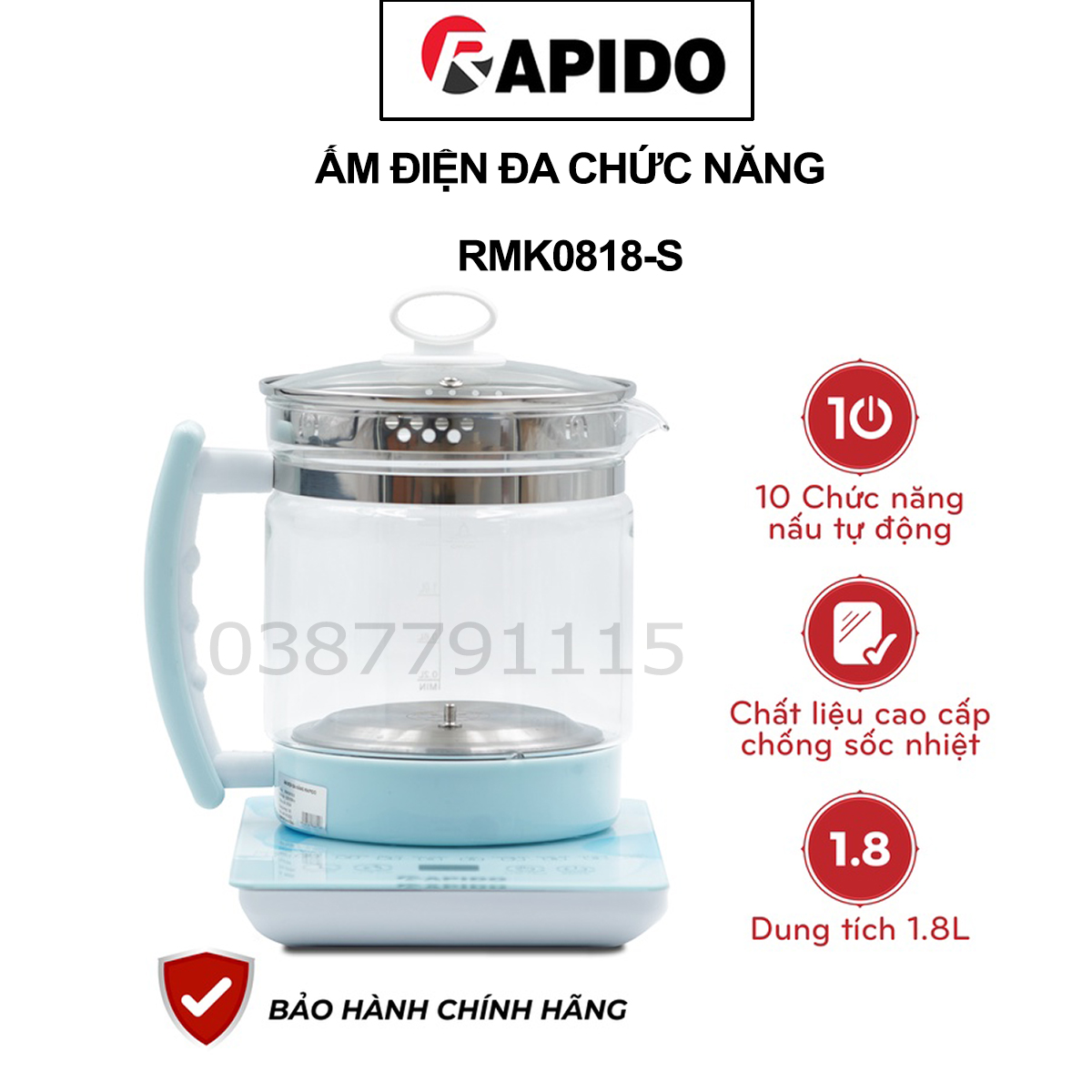 Ấm điện đa năng rapido rmk0818-s, thể tích 1,8l , công suất 800w, có 10 chức năng đun nấu đa dạng, bảo hành 12 tháng