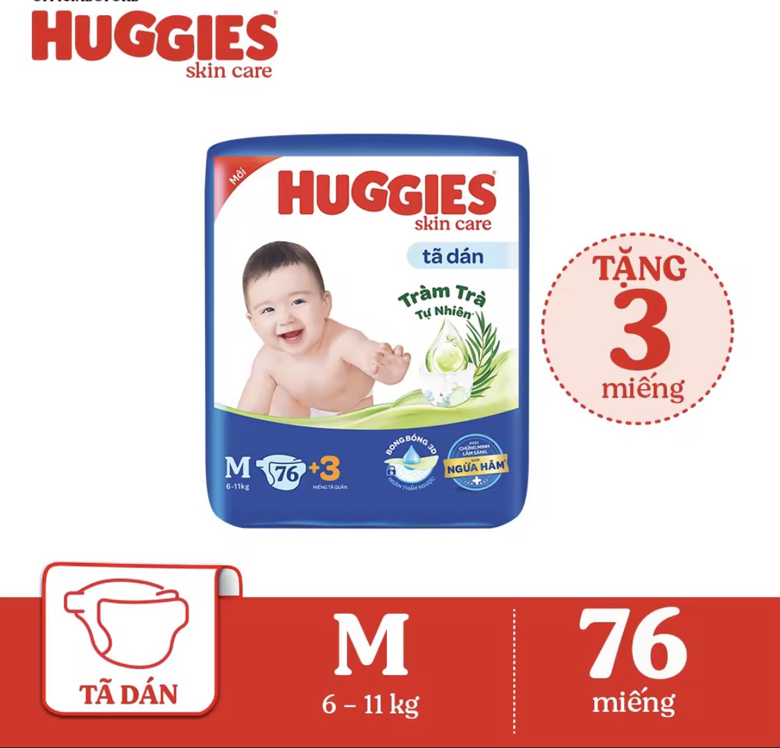 (Mẫu Tràm Trà) Bỉm Huggies Dán Size M76/L68/XL62/Xxl56